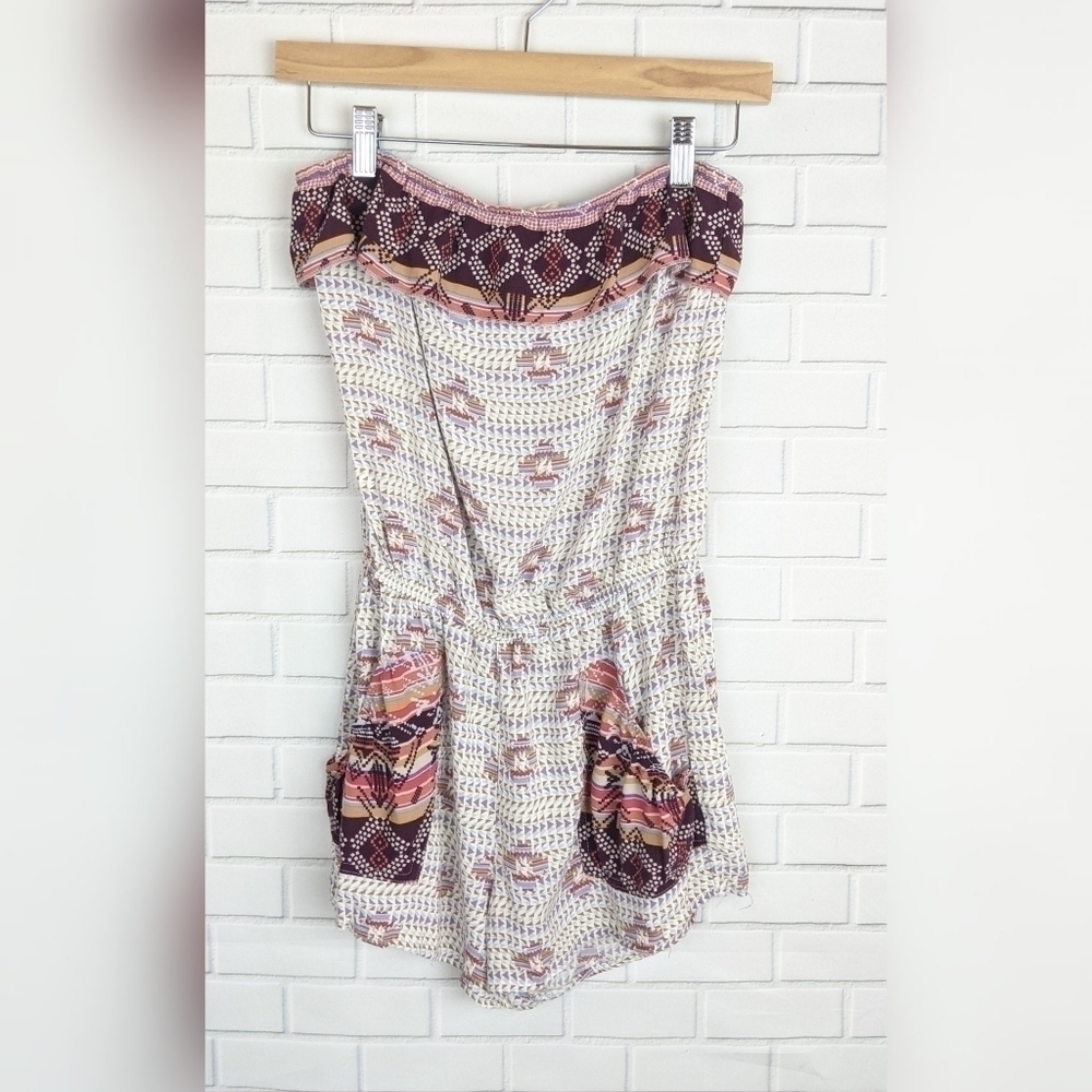 L8ter‎ White Patterned Aztec Boho Strapless Romper